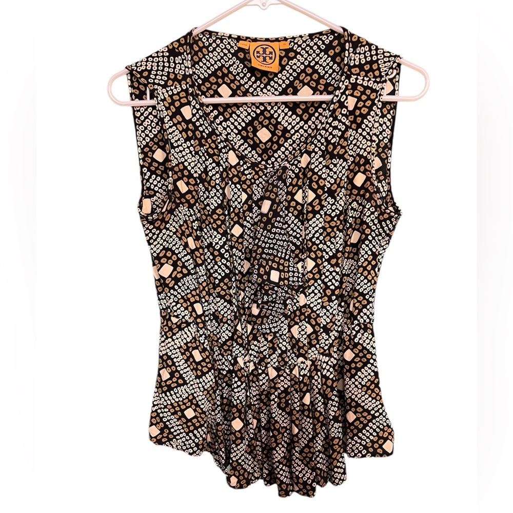 Tory Burch Silk Printed Ruffle Blouse Size 10 Boho Geometric Top